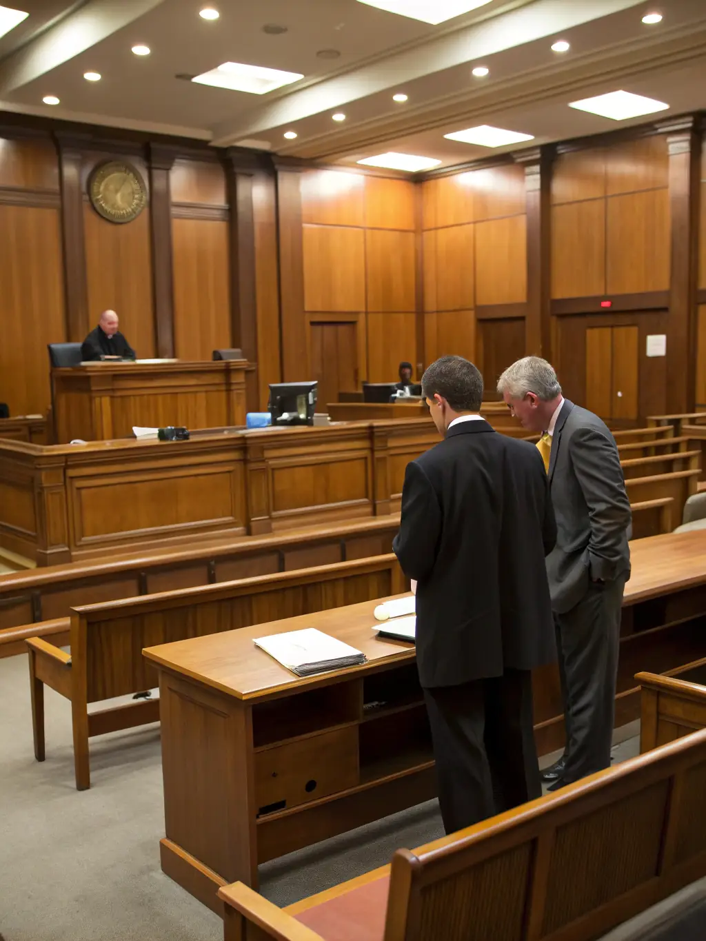 A judge's bench with a clear view of the courtroom, emphasizing the firm's readiness to represent clients in court when necessary.