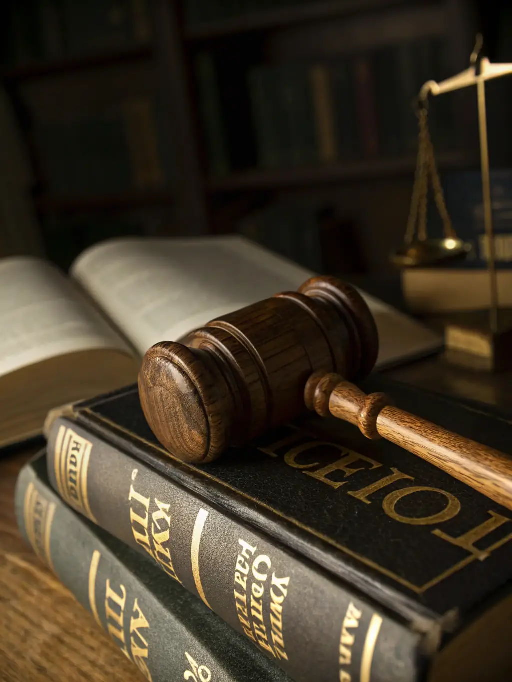 A gavel resting on a stack of law books, symbolizing the authority and knowledge in legal proceedings, particularly in family law cases.