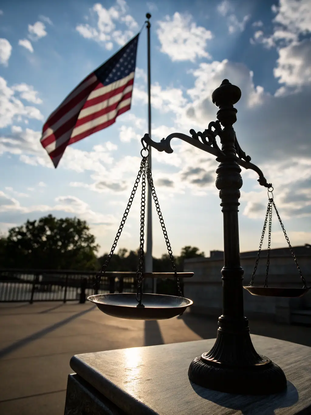 Scales of justice with the American and Japanese flags subtly reflected in the background, representing the balance and fairness in international legal matters.